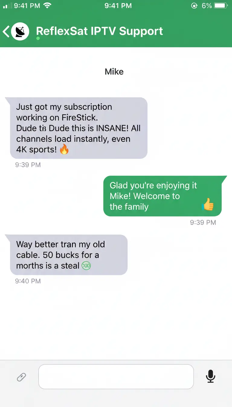 Customer review screenshot from Mike in NYC praising 4K ReflexSat IPTV streaming on FireStick