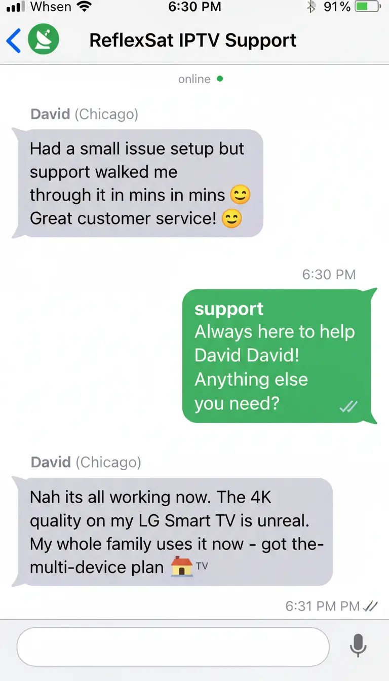 Customer review from David in Chicago about ReflexSat IPTV server uptime and channel quality